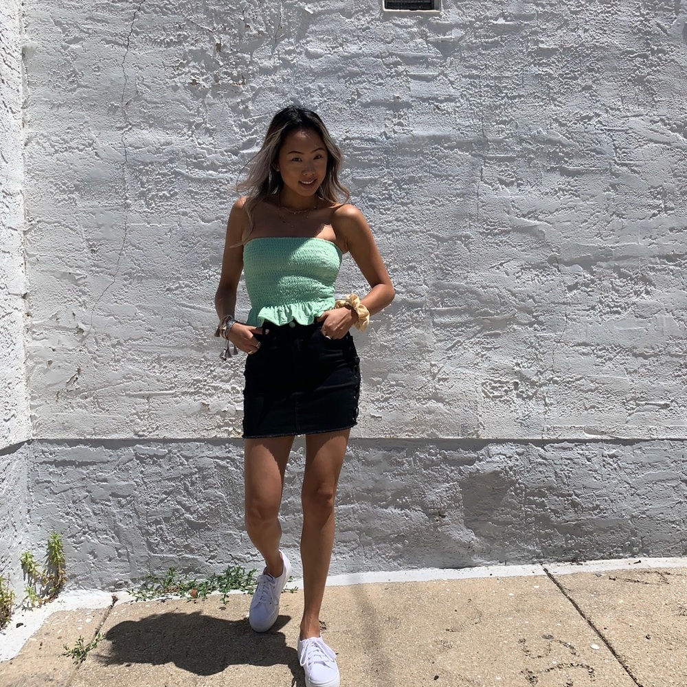 Black denim mini skirt